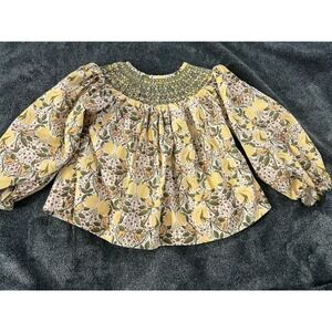 Girls Size 3 Smockingbird Smocked Top Yellow Green Birds